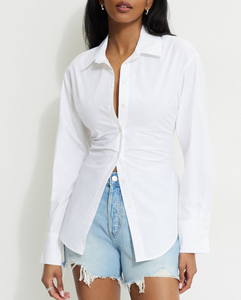 Camisa de Oficina de Manga Larga para Mujer, Informal, Transpirable, Lisa, Elegante, Blusa con Botones, Blanca, Tejida, Regular - Product Image 2