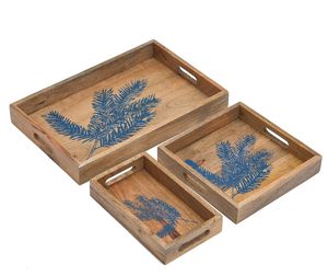 Plateau de service en bois imprimé feuilles bleues, plateau en bois fait à la main avec poignées, plateau de service à dessert empilable, disponible pour les restaurants - Product Image 6