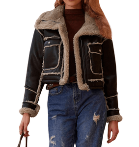 Chaquetas de Mujer de Cuero de Invierno de Lujo con Acabado Negro, Chaquetas Largas Transpirables al por Mayor con Ribete de Piel Beige y Forro Cálido - Product Image 1