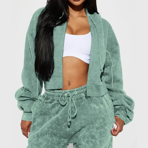 Ensemble personnalisé de haute qualité poids lourd 100% coton délavé à l'acide sweats à capuche zippés Survêtements unis vierges pour femmes - Product Image 2
