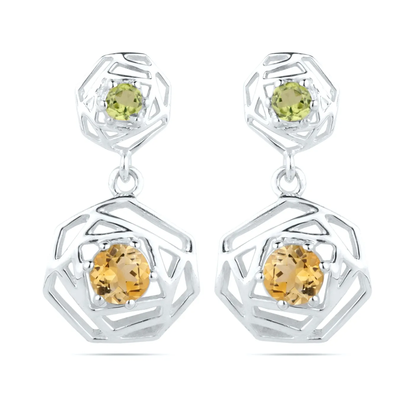 Luxe élégant 925 argent Sterling péridot naturel et citrine pierres précieuses Style de luxe solide mode goutte balancent femmes boucles d'oreilles