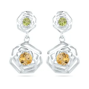 Luxury Elegant 925 Sterling Silver Natural Peridot And Citrine Gemstone Luxury Style Solid Fashion Drop Dangle Women Earrings