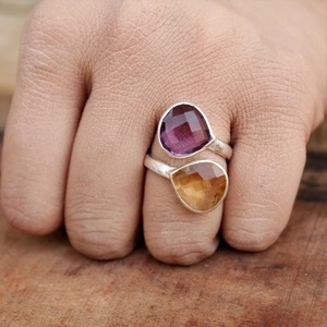 Amatista natural hecha a mano y anillo de plata citrino de eternidad ajustable delicado apilamiento púrpura piedra preciosa joyería minimalista - Product Image 1