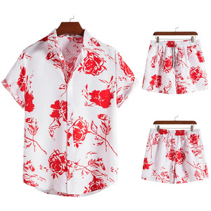 Ensemble de 2 pièces pour homme, chemise à manches courtes en satin respirant, style hawaïen, imprimé plage, short blanc fin, pour les vacances d'été - Product Image 1