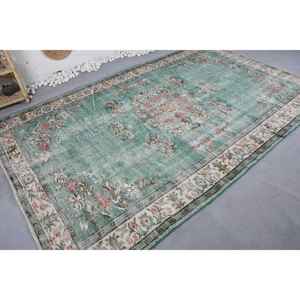 Alfombra turca vintage, diseño de retales verde y blanco, 6,2x9,7 pies, tejido plano de lana con respaldo de látex para decoración de sala de estar - Product Image 2