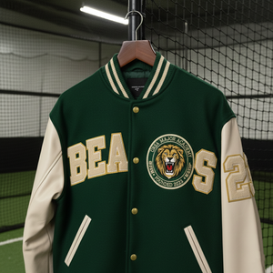 Chaqueta Universitaria Unisex Personalizada de Invierno, 100% Satén de Seda, Estilo Vintage, Transpirable, Resistente al Viento, Ecológica, Color Verde, Venta al Por Mayor - Product Image 3