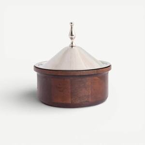 Premium Table Serving Pot Luxury Wooden Insulated <b>Hot</b> Pot Silver Low-Profile Cylindrical Stainless Steel Interior Polished - Product Image 1