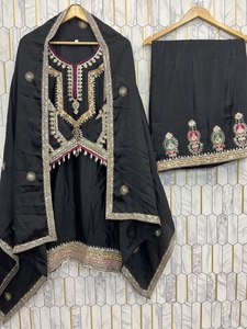 Ensemble de costume Anarkali noir brodé pour femmes avec palazzo et dupatta, vêtements ethniques de créateur - Product Image 3