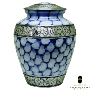 Urna Funeraria Azul con Bolas de Algodón Blancas y Diseño de Flores/Hojas Plateadas, Ecológica y Duradera, Capacidad de 220 Pulgadas Cúbicas para Cenizas Humanas - Product Image 3