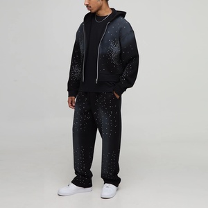 Sweat à capuche homme personnalisé en coton 100% anti-plis, coupe oversize, épais, délavé à l'acide, style vintage streetwear, orné de strass étincelants - Product Image 4
