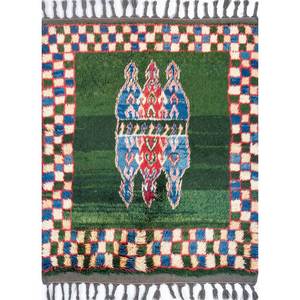 Tapis rectangulaire Nuray vert en laine nouée à la main, grande surface 9x12, motif abstrait géométrique pour couloir, idéal pour la maison des adolescents - Pae-1367 - Product Image 1