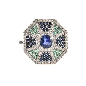 14k白金三石花卉图案戒指金色翡翠蓝色蓝宝石宝石女性戒指