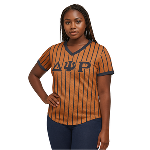 Delta Psi Rho Sorority Gold Pinstripe Pullover Jersey de béisbol Malla de poliéster Camiseta con cuello en V con bordado de relleno de huecos - Product Image 1