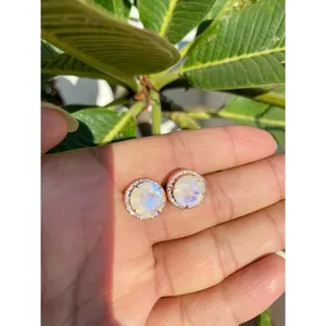 925 Silver Natural Moonstone <b>Stud</b> <b>Earrings</b> Gold Trendy Bezel Setting Inlaid Rose Gold Amethyst Quartz Diamond for Engagement - Product Image 1