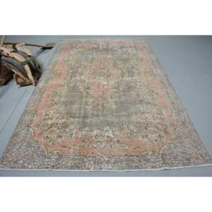 Alfombra de lana turca Vintage, 6x9,3 pies, área grande con diseño de retazos rosa y gris, respaldo de látex estilo pasillo rectangular para uso doméstico - Product Image 1