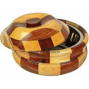 Ensemble de 2 récipients Chapati en bois avec couvercle supérieur poli brillant plaqué or et argent avec pinces en métal pour le service Roti - Product Image 2