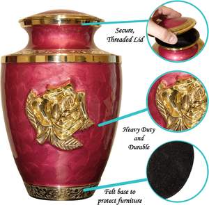 โกศเพลิงศพทองเหลืองขนาดใหญ่กุหลาบแดงพร้อมถุงกํามะหยี่ โกศสวยพร้อมดอกกุหลาบ - Product Image 3