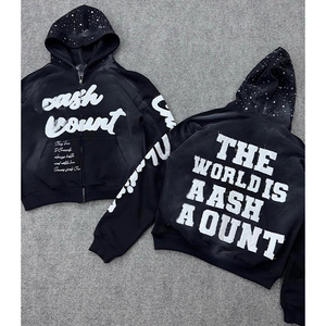 Manufacturers Custom 500GSM Streetwear Zip up Hoodie <b>Machine</b> Embroidered Rhinestone Hood Acid Wash Hoodies and Sweatshirt - Product Image 2