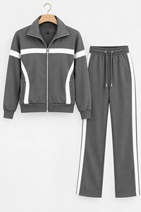 Women Gray Hooded Two Piece Tracksuit Full Sleeve Zipper Front Solid Color Casual <b>Jogging</b> Suit Side Pockets Elastic Waist Winter - Product Image 5