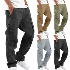 Men Cargo Combat Loose Elastic Waist Khaki Trousers Multi Pocket Plus Size  Pants