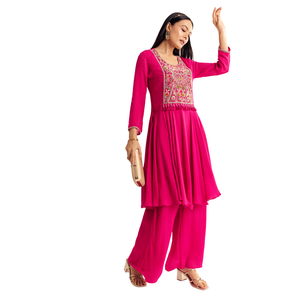 ชุดสูทสีชมพู Chinon zardosi ทำงาน kurta Palazzo สำหรับผู้หญิงเครื่องแต่งกายตามชาติพันธุ์ผลิตจากโรงงาน - Product Image 3