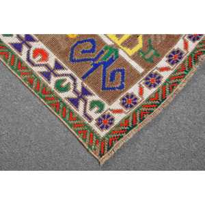 Vintage Turkish Rug 3.2x10.6 ft Eco Friendly Herki <b>Brown</b> Bordered Patchwork <b>Wool</b> Rug with Latex Backing - Product Image 5