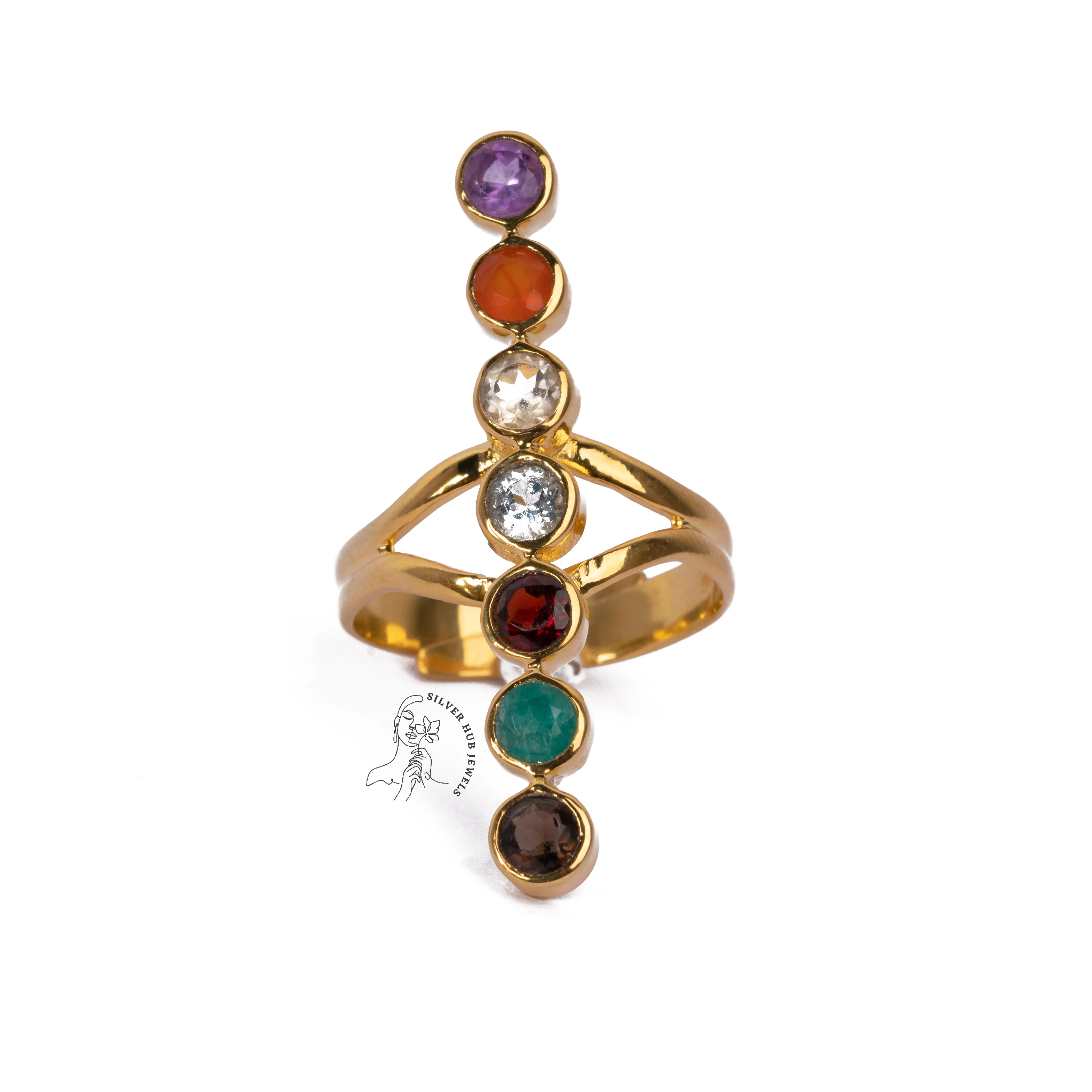 7 Chakra Stone Ring 18k Gold Plated Round Cut Stones Finger Fine Jewelry Yoga Energy Reiki Balancing 925 Sterling Silver Rings