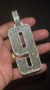 Pendentif en argent sterling 925 glacé numéro 9 fait à la main personnalisé collier de fête unisexe en or blanc plaqué or diamant bling - Product Image 2