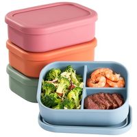 OMISTAR Lot de 4 boîtes bento en silicone à 3 compartiments, réutilisables, hermétiques, empilables, pour adultes, travail, voyage, micro-ondes