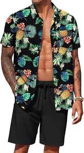 Ensemble hawaïen pour homme, été, couleur unie, col montant, chemise en lin à manches courtes et short de plage, ensemble 2 pièces de haute qualité, 2024 - Product Image 2
