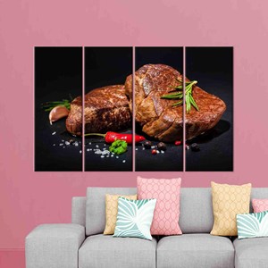 Toile d'art moderne : Décoration imprimée « Steak aux épices » pour cuisine, 4P : Prête à accrocher - Product Image 1