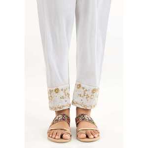 Pantalones de Seda Cruda de Cintura Alta en Color Blanco Hueso TR-22-125, 100% Seda con Decoración Bordada - Product Image 2