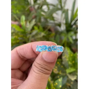 925 Silver <b>Adjustable</b> Heart Band <b>Ring</b> with Blue Topaz Inlay Romantic Fashionable Gemstone <b>Rings</b> Free Size for Lovers by IS - Product Image 1