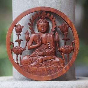 Buda de Madera de Teca Tallada a Mano con Acabado Marrón para Colgar en la Pared, 12x12x1 Pulgadas - Product Image 2