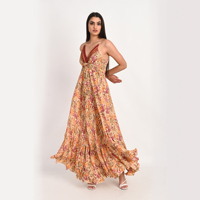 Robe longue élégante en soie sari de Bohème, col en V profond, bretelles réglables, tissu léger, ourlet évasé, robe d'été décontractée