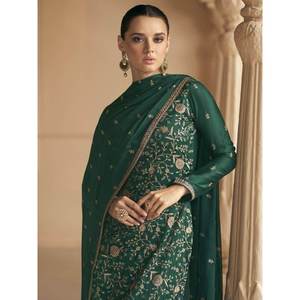 Fantástico Traje Palazzo de Seda Suave para Mujer, Verde con Diseño Bordado - Product Image 1