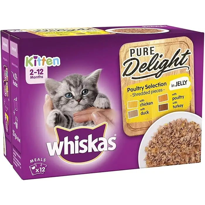 Whiskas 2-12ヶ月子猫ピュアデライトウェットキャットフードポーチ、ゼリーのおいしくておいしい家禽のセレクション、12x85g