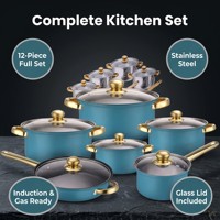 Ensemble de cuisine complet en acier inoxydable 12 pièces, ensemble de casseroles et poêles antiadhésives multicouches, couvercle en verre, compatible induction et gaz, antirouille