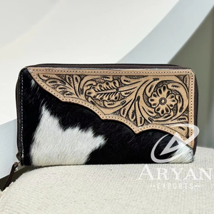 Fait à la main cadeau but haut de gamme qualité usiné sculpture peau de vache portefeuilles en cuir véritable pour les femmes à la main fabriqués à la main tendance - Product Image 1
