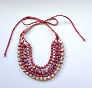 Trendy Bright Recycled Sari Silk Bead Fabric <b>Necklace</b>, Colourful Summer Sari Collar <b>Necklace</b>, 5 Layered Fringe Beaded Bandana - Product Image 2