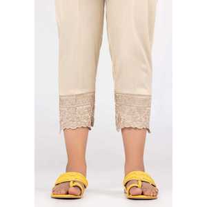 Pantalon en tissu camburic beige TR-22-12, respirant, avec broderie en dentelle, taille mi-haute, coupe ample, style décontracté automne, taille XS - Product Image 1