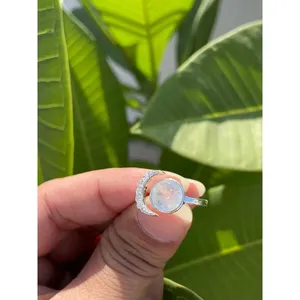 925 <b>Silver</b> Crescent Moon <b>Statement</b> <b>Ring</b> Boho Style Gemstone Men's <b>Ring</b> Rhodium Plated with Cut Stone Inlay Everyday Wear Jewelry - Product Image 4