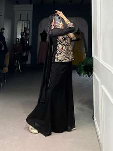 Hilo y secuencia bordados Totalmente cosido Top y parte inferior Georgette Top con parte inferior y Dupatta Heavy Designer Party Wear - Product Image 4