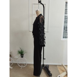 Ensemble deux pièces pour femme, chemisier à manches longues en viscose à deux fils et pantalon, col rond, manches en tulle, 37428 - Noir - Product Image 6