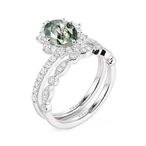 Ensemble de bagues de mariage Jeulia en argent sterling avec agate mousse taille ovale et halo - Product Image 3