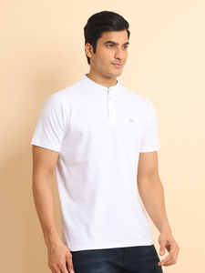 T-shirt à manches courtes 100% coton à la mode pour hommes, col mandarin, tenue décontractée confortable pour les tenues de tous les jours et le bureau - Product Image 5
