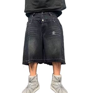 Short en jean vieilli délavé à l'acide pour hommes avec broderie délavée au soleil Denim délavé à l'acide tricoté de couleur Logo personnalisé et vente en gros - Product Image 1