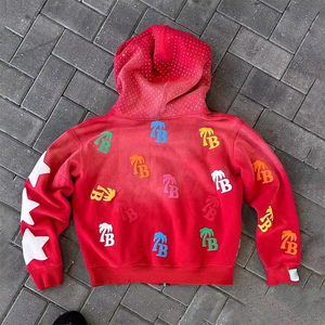 Vintage 500gsm hommes recadrée hiver sweats à capuche 100% coton polaire personnalisé soleil délavé en détresse acide lavage brodé strass - Product Image 4