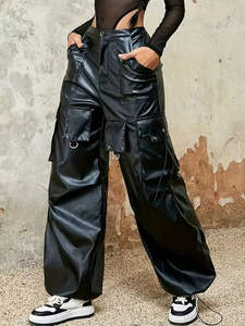 Pantalon en cuir pour femme taille haute avec poches avec cordons de serrage style streetwear à la mode vêtements décontractés modernes - Product Image 5