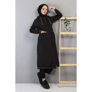 Manteau long à capuche côtelé pour femme, grande taille, en tissu tricoté, imprimé automne et décoré de boutons - Product Image 1